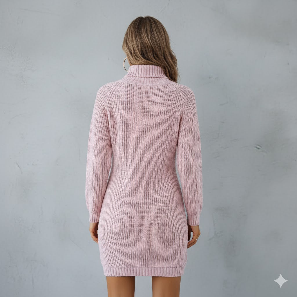Damen Rollkragen Kleid lang | Eleganter Strick & Knopfdetail Winter