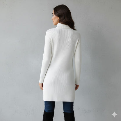 Damen Rollkragen Kleid lang | Eleganter Strick & Knopfdetail Winter