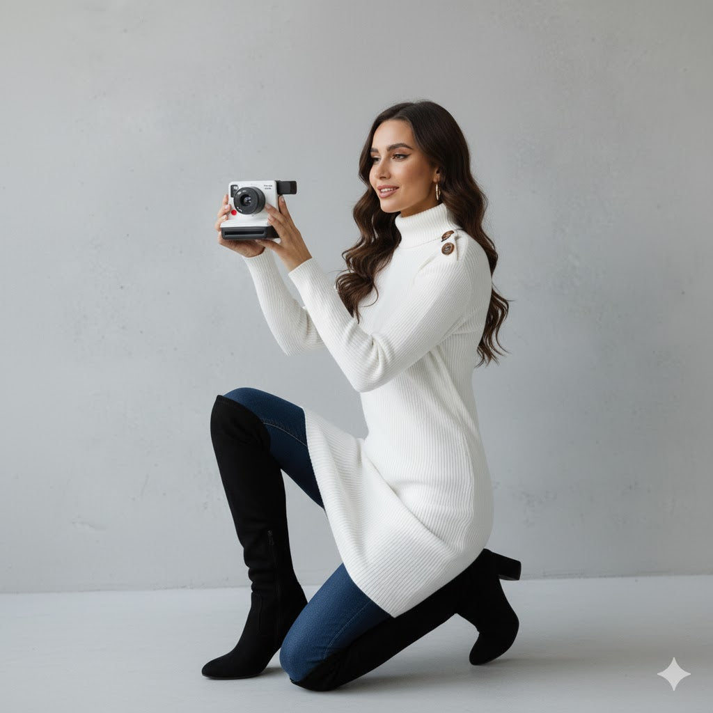 Damen Rollkragen Kleid lang | Eleganter Strick & Knopfdetail Winter