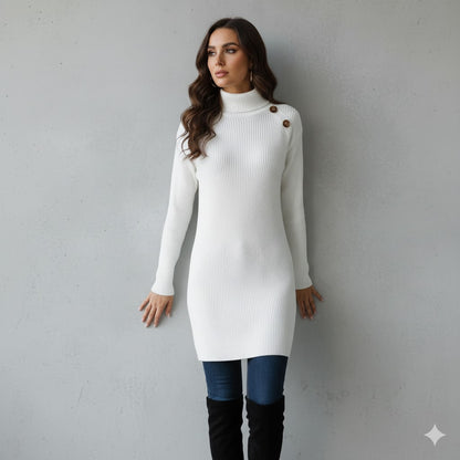 Damen Rollkragen Kleid lang | Eleganter Strick & Knopfdetail Winter