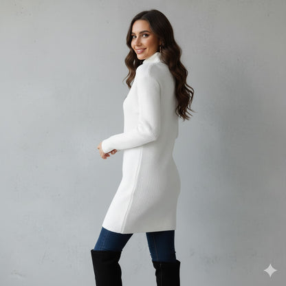 Damen Rollkragen Kleid lang | Eleganter Strick & Knopfdetail Winter